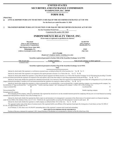 Thumbnail Independence Realty Trust
 Annual Report 2020