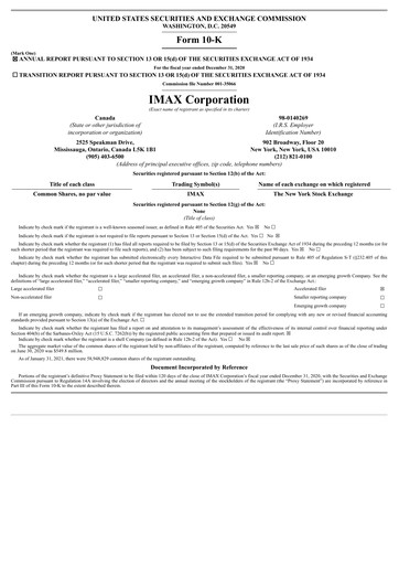 Vorschaubild Imax Corp Jahresbericht 2020