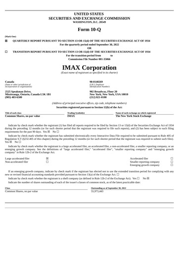 Thumbnail Imax Corp Quarterly Report 2022-q3