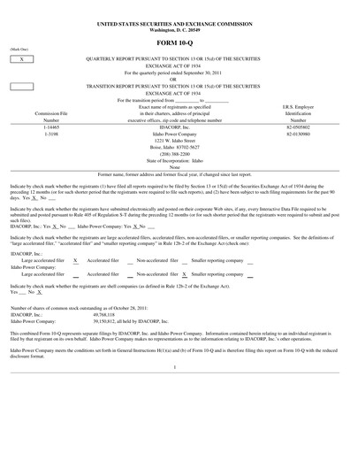 Thumbnail Idacorp Quarterly Report 2011-q3