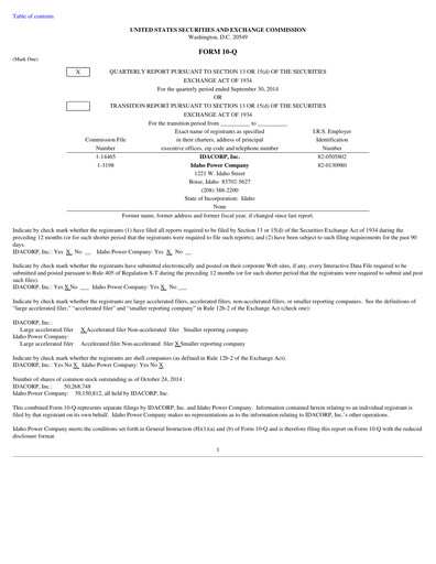 Thumbnail Idacorp Quarterly Report 2014-q3