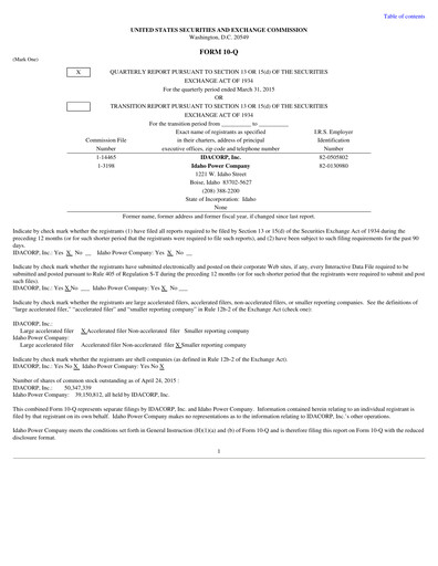 Thumbnail Idacorp Quarterly Report 2015-q1
