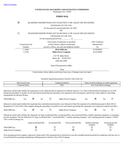 Thumbnail Idacorp Quarterly Report 2026-q2