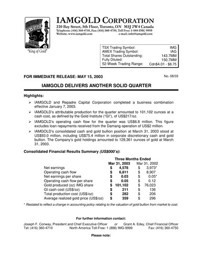 Thumbnail Iamgold
 Quarterly Report 2003-q1