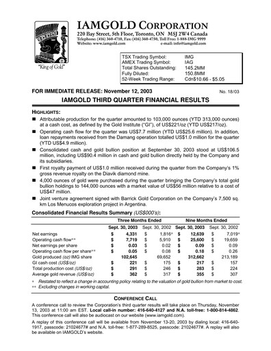 Thumbnail Iamgold
 Quarterly Report 2003-q3