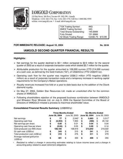 Thumbnail Iamgold
 Quarterly Report 2004-q2