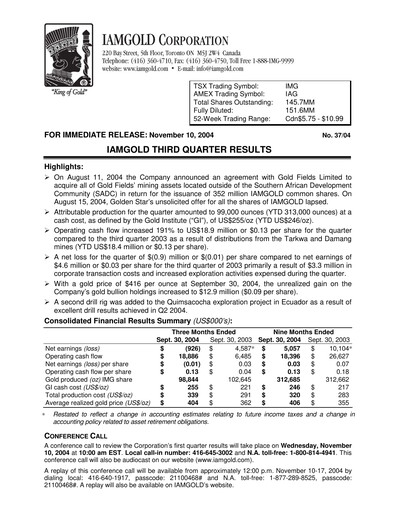 Thumbnail Iamgold
 Quarterly Report 2004-q3
