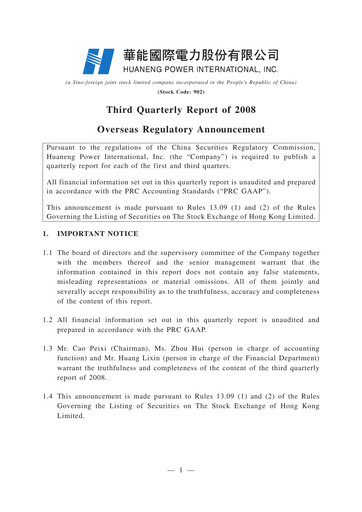 Thumbnail Huaneng Power International Quarterly Report 2008-q3