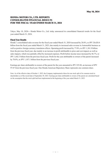 Miniature Honda Bilan financier fy2024