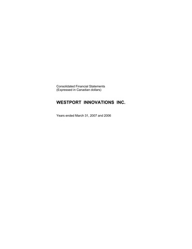 Miniature Westport Fuel Systems Bilan financier fy2007
