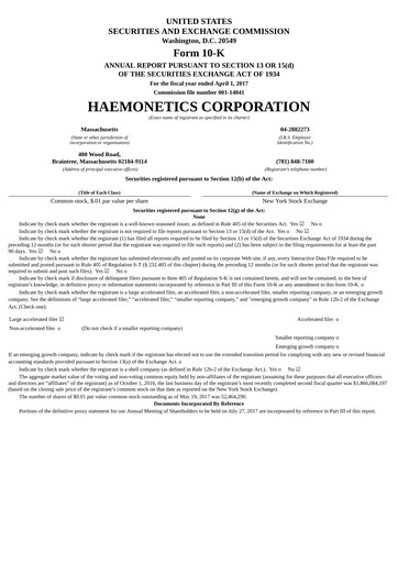 Thumbnail Haemonetics Annual Report 2016-2017