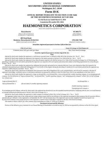 Thumbnail Haemonetics Annual Report 2017-2018