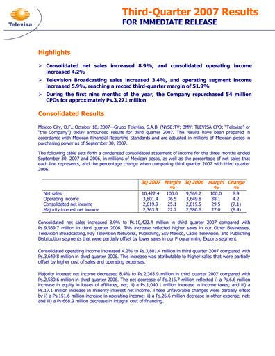 Thumbnail Televisa Quarterly Report 2007-q3