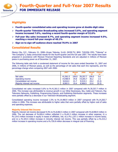 Thumbnail Televisa Quarterly Report 2007-q4