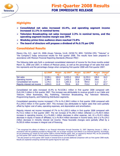Thumbnail Televisa Quarterly Report 2008-q1