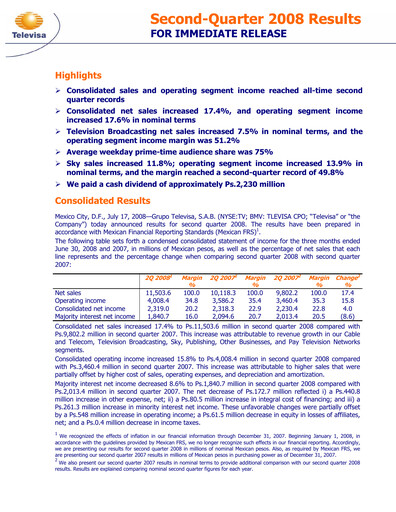 Thumbnail Televisa Quarterly Report 2008-q2
