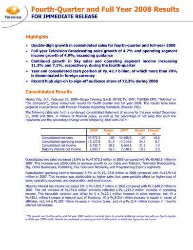 Thumbnail Televisa Quarterly Report 2008-q4