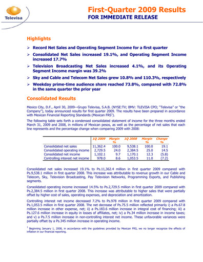 Thumbnail Televisa Quarterly Report 2009-q1