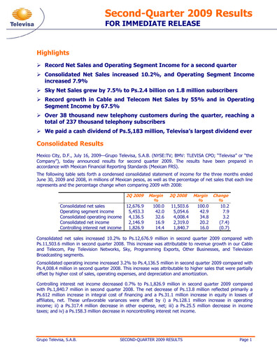Thumbnail Televisa Quarterly Report 2009-q2