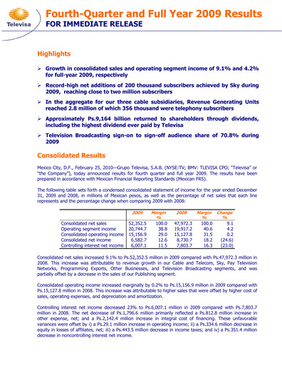 Thumbnail Televisa Quarterly Report 2009-q4
