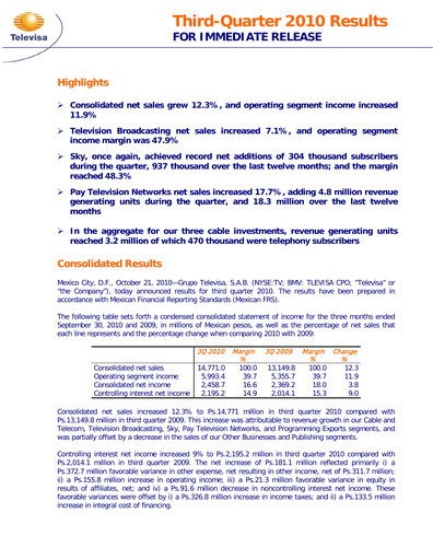 Thumbnail Televisa Quarterly Report 2010-q3