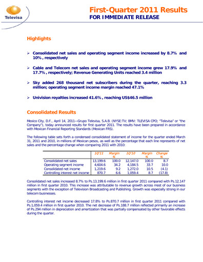 Thumbnail Televisa Quarterly Report 2011-q1