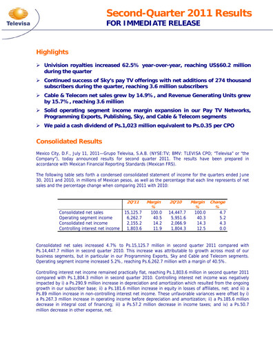 Thumbnail Televisa Quarterly Report 2011-q2