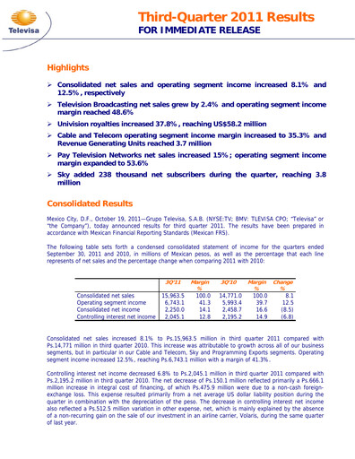 Thumbnail Televisa Quarterly Report 2011-q3