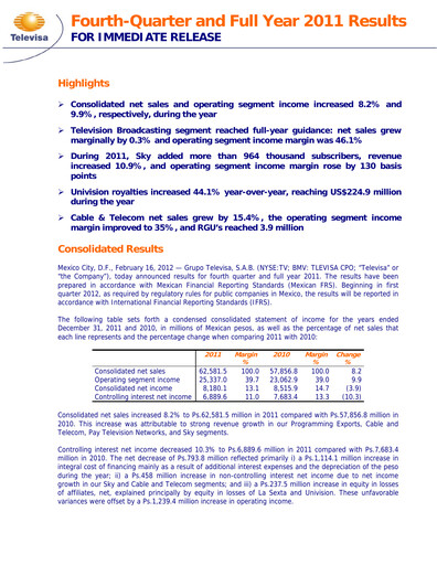 Thumbnail Televisa Quarterly Report 2011-q4