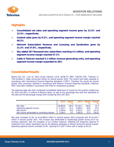 Thumbnail Televisa Quarterly Report 2012-q2
