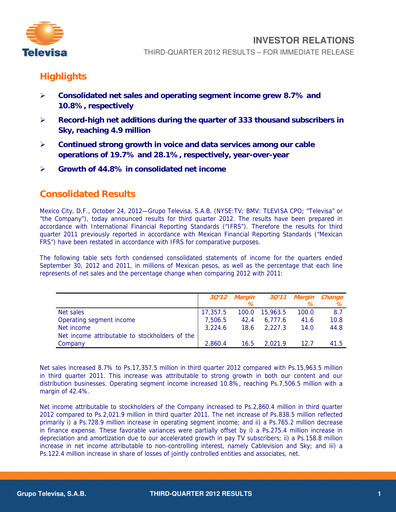 Thumbnail Televisa Quarterly Report 2012-q3