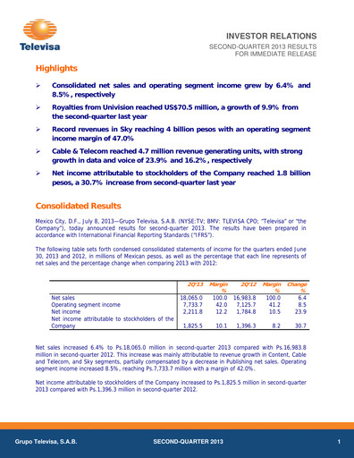 Thumbnail Televisa Quarterly Report 2013-q2