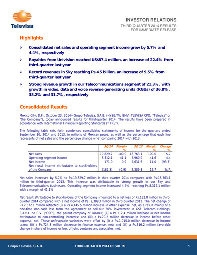 Thumbnail Televisa Quarterly Report 2014-q3