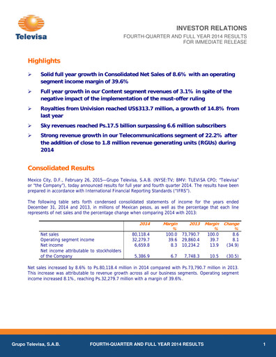 Thumbnail Televisa Quarterly Report 2014-q4