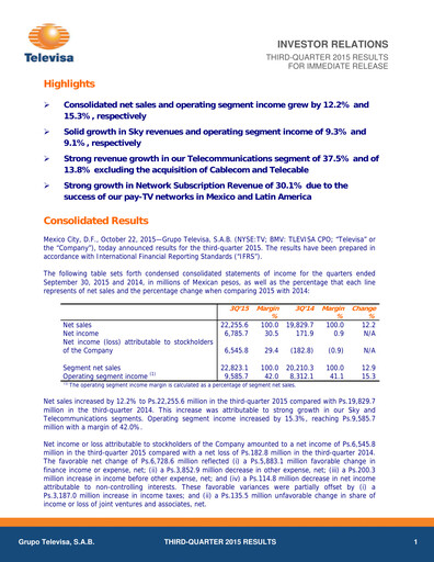 Thumbnail Televisa Quarterly Report 2015-q3