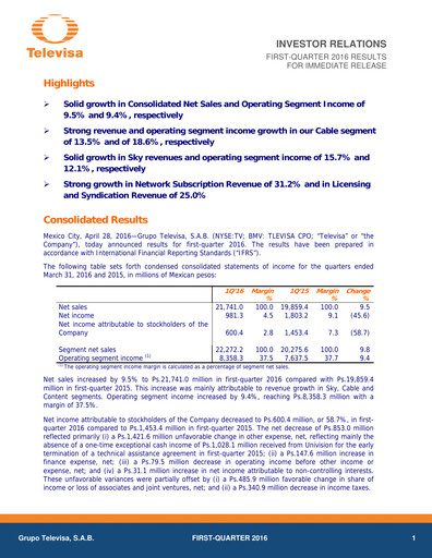 Thumbnail Televisa Quarterly Report 2016-q1