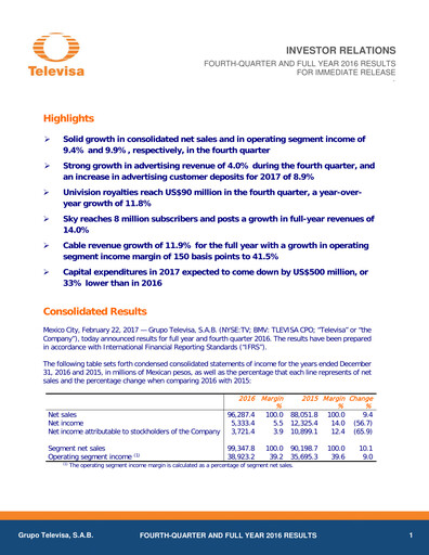 Thumbnail Televisa Quarterly Report 2016-q4