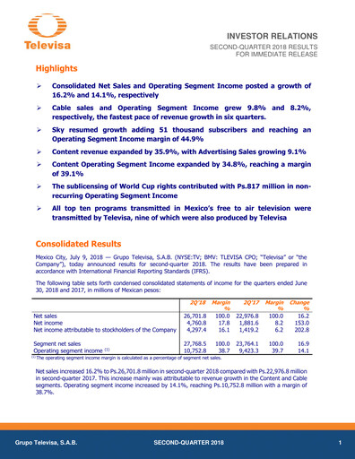 Thumbnail Televisa Quarterly Report 2018-q2