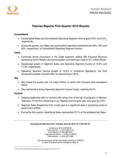 Thumbnail Televisa Quarterly Report 2019-q1