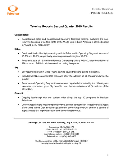 Thumbnail Televisa Quarterly Report 2019-q2