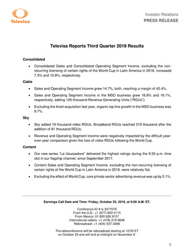 Thumbnail Televisa Quarterly Report 2019-q3