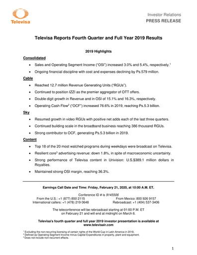 Thumbnail Televisa Quarterly Report 2019-q4