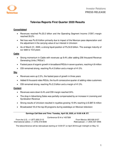 Thumbnail Televisa Quarterly Report 2020-q1