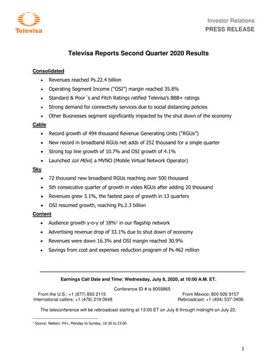 Thumbnail Televisa Quarterly Report 2020-q2