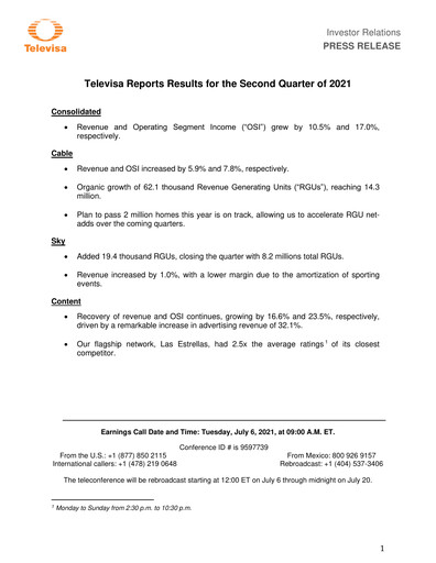 Thumbnail Televisa Quarterly Report 2021-q2