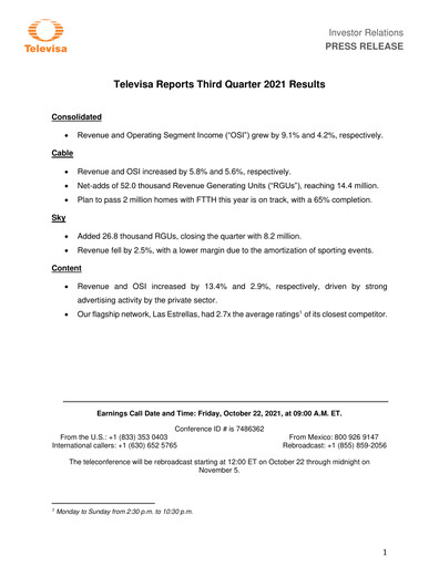 Thumbnail Televisa Quarterly Report 2021-q3