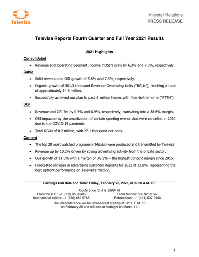 Thumbnail Televisa Quarterly Report 2021-q4