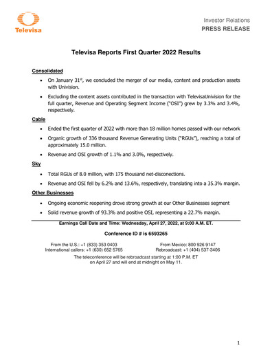 Thumbnail Televisa Quarterly Report 2022-q1
