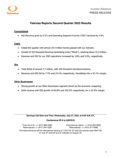 Thumbnail Televisa Quarterly Report 2022-q2