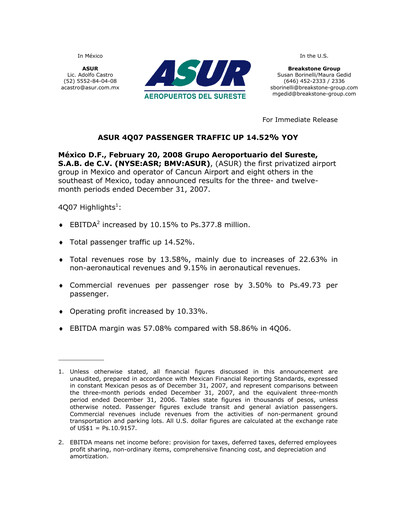 Miniature Grupo Aeroportuario del Sureste
(ASUR) Bilan financier 2007